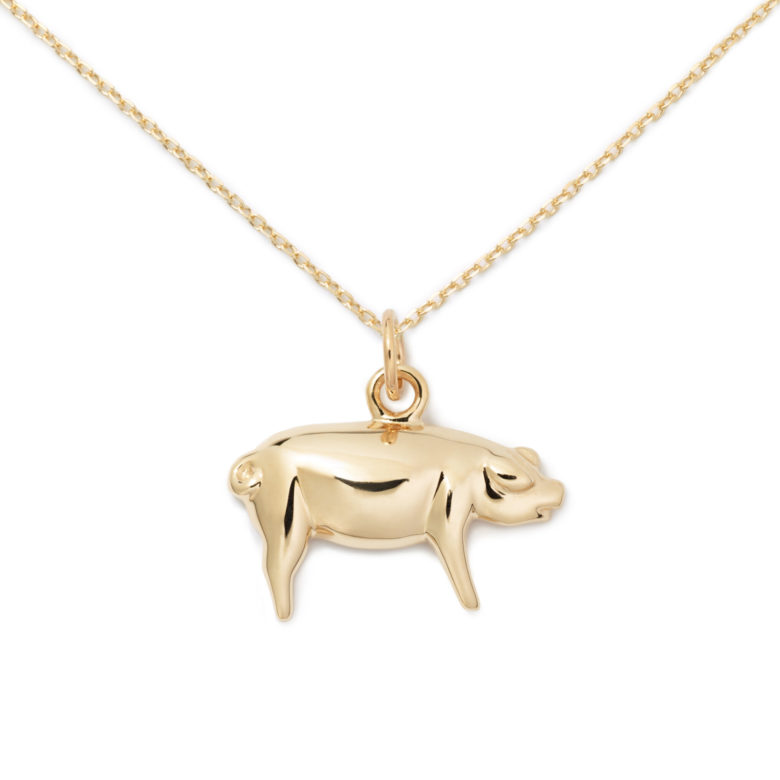 14K Yellow Gold Pig Pendant on an Adjustable 14K Yellow Gold Chain Necklace