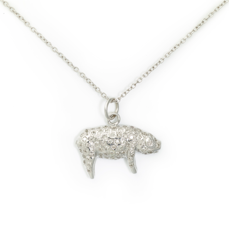 Pig Pendant,14K White Gold & Pave Diamond