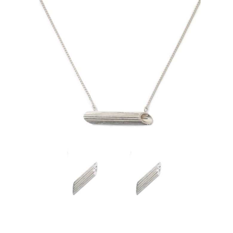 Penne Rigate Necklace and Earrings Set, Sterling Silver