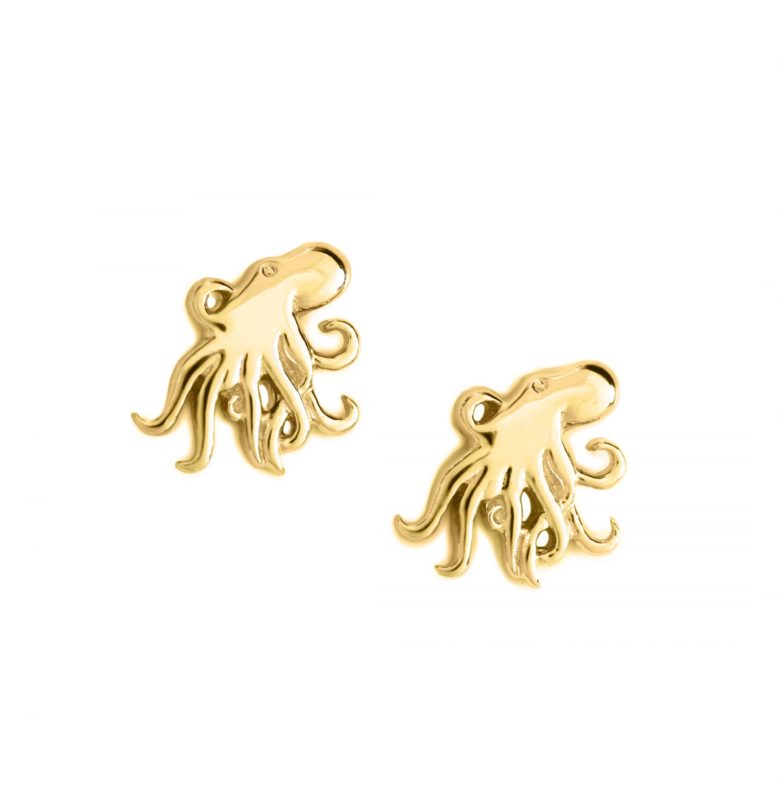 Octopus Earrings, Yellow Gold Plated